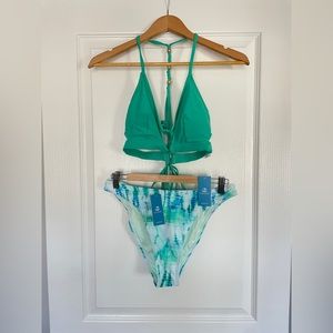 NWT Cupshe Tie Dye Water Garden Lace-Up Top & Ultra Cheeky Bikini Set